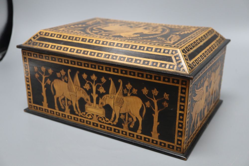 A French neo-classical style inlaid box, depicting Pegasus, length 28cm
